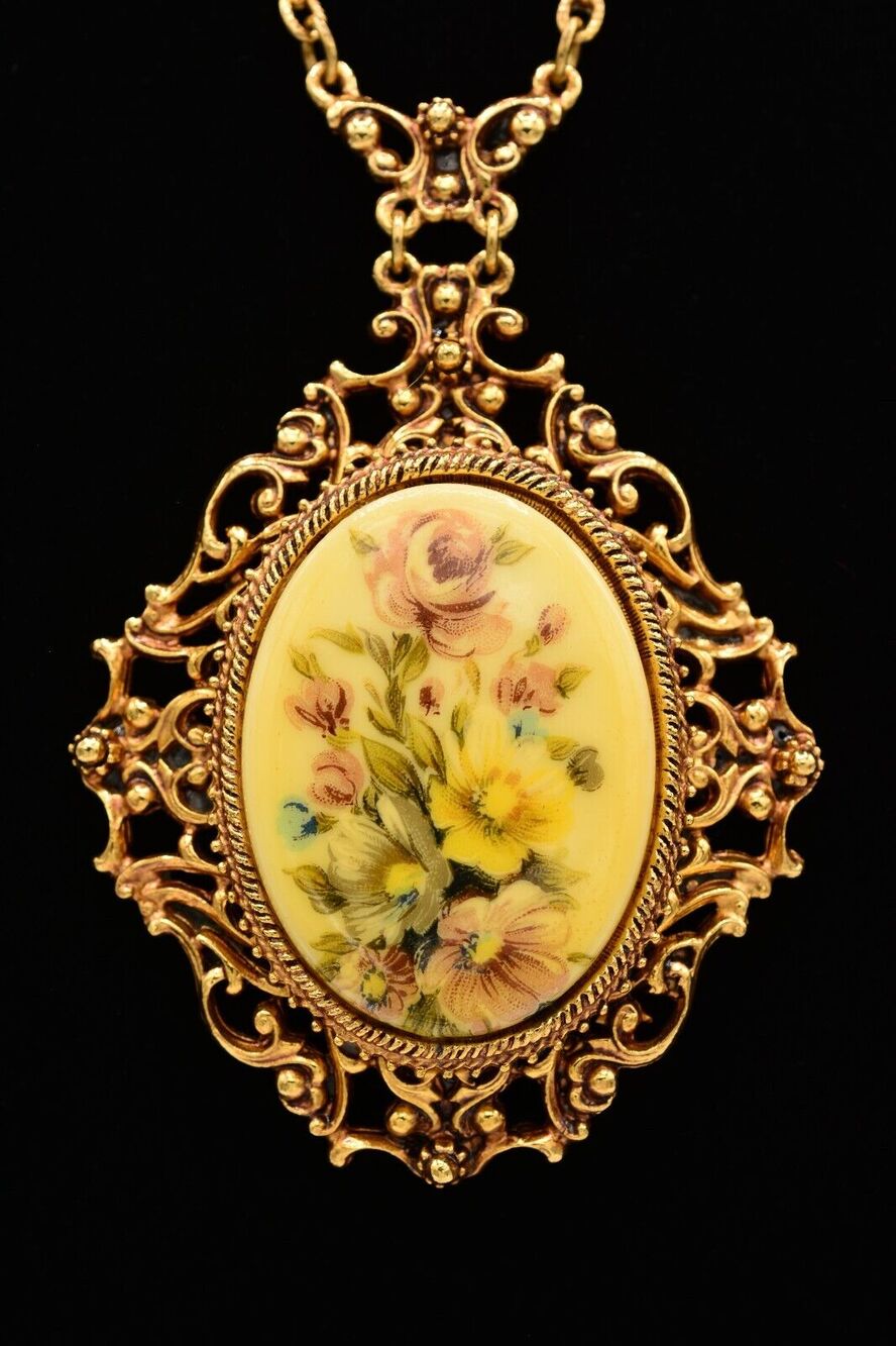 Florenza Vintage Pendant Necklace Painted Floral Antiqued Gold Chain Signed BinL